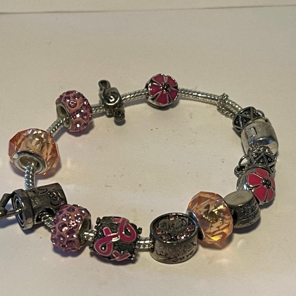 Pink Beaded Bracelet w/ Breast Cancer Awareness Bead NEW